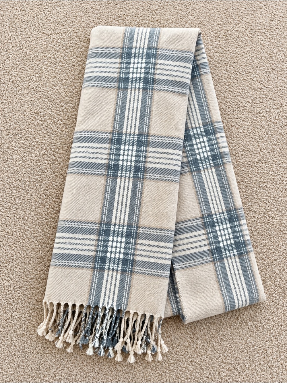 J.Crew Cream & Gray Plaid Fringe Scarf